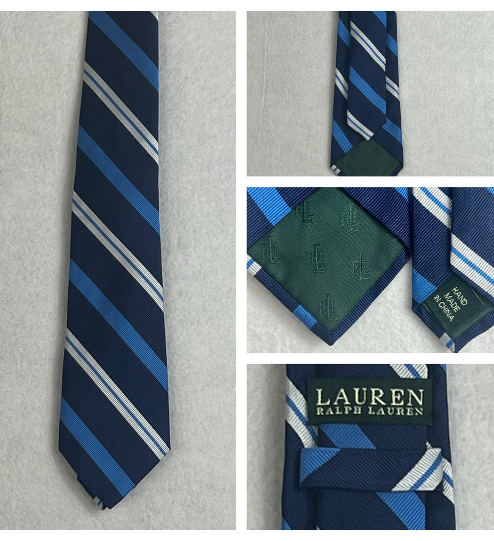 Lauren Ralph Lauren Blue And White Striped 100% Silk Neck Tie Men Ripped